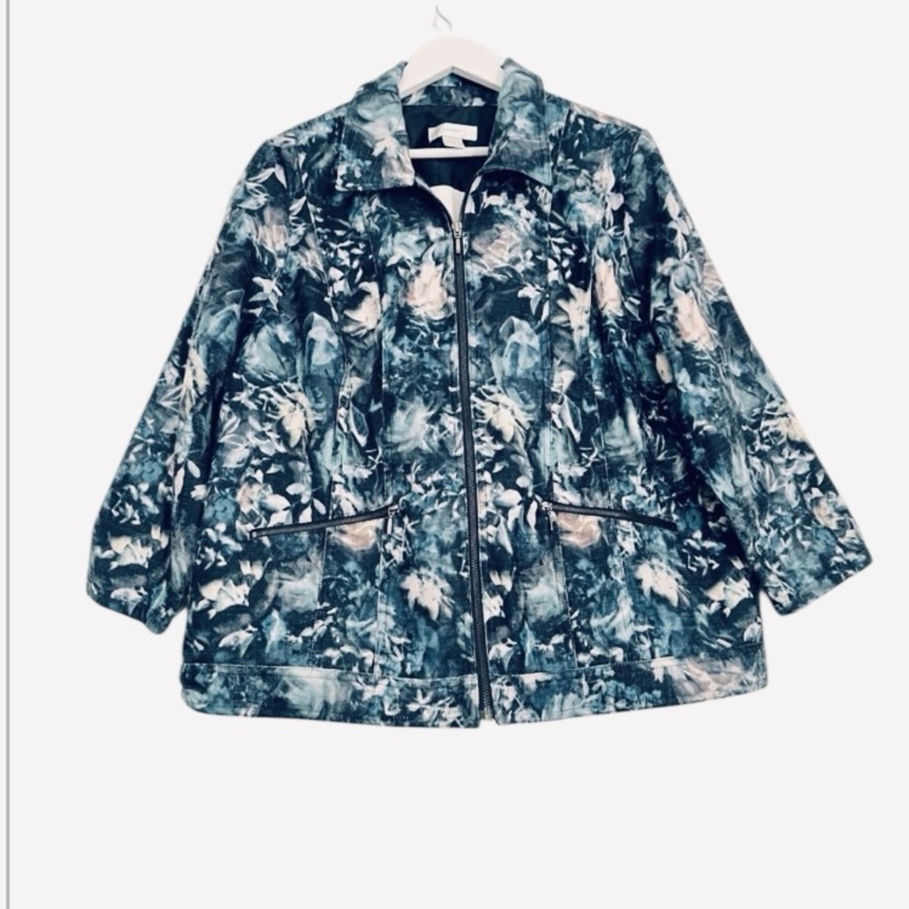 CJ Banks Blue Black White Lightweight Floral Zippered Jacket Women’s Plus SZ 1X